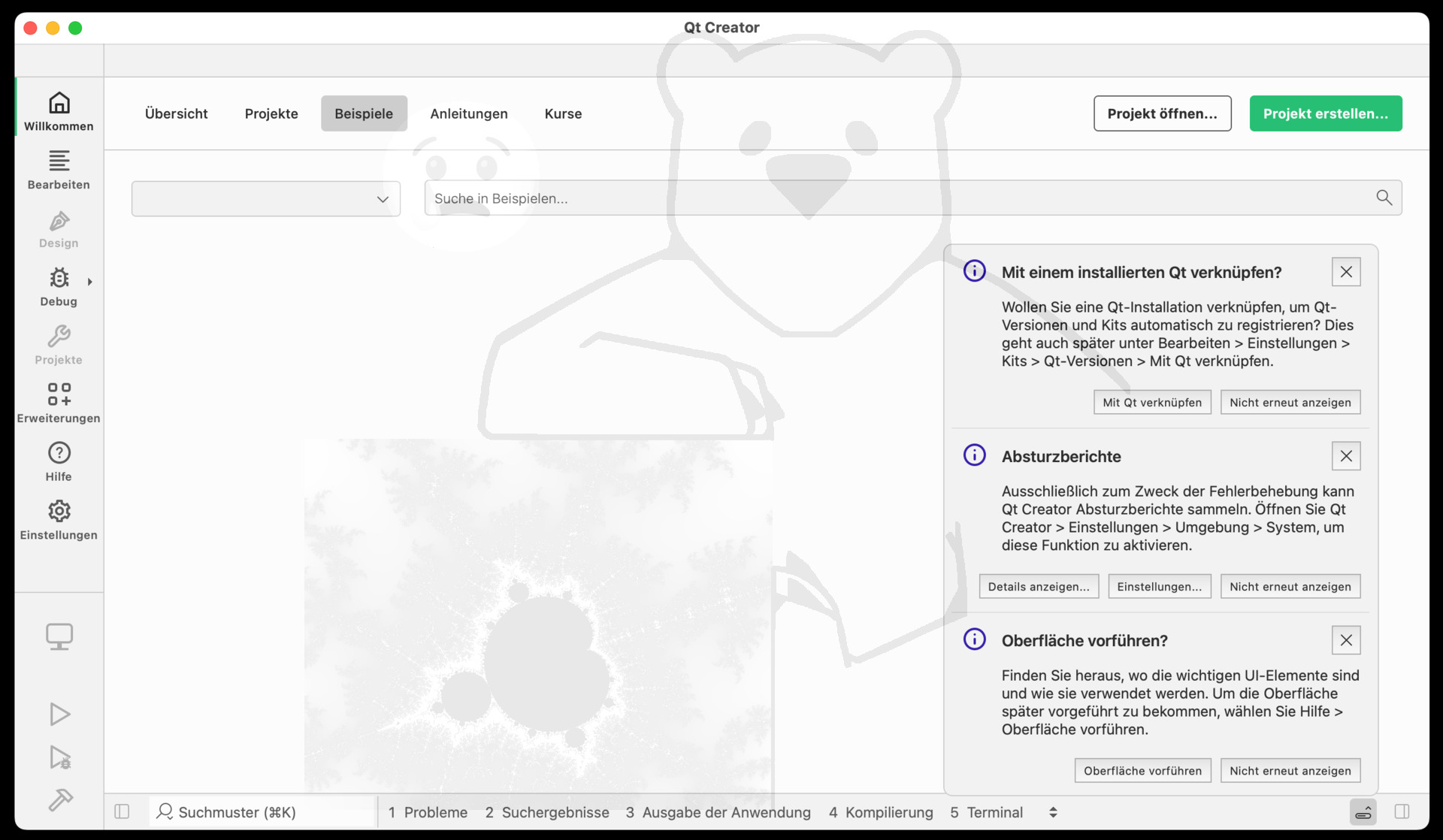 Zuerst wird der QtCreator über das Dock gestartet. Im sich öffnenden Willkommensfenster, können all drei Mitteilungen mit "Nicht erneut anzeigen" geschlossen werden.