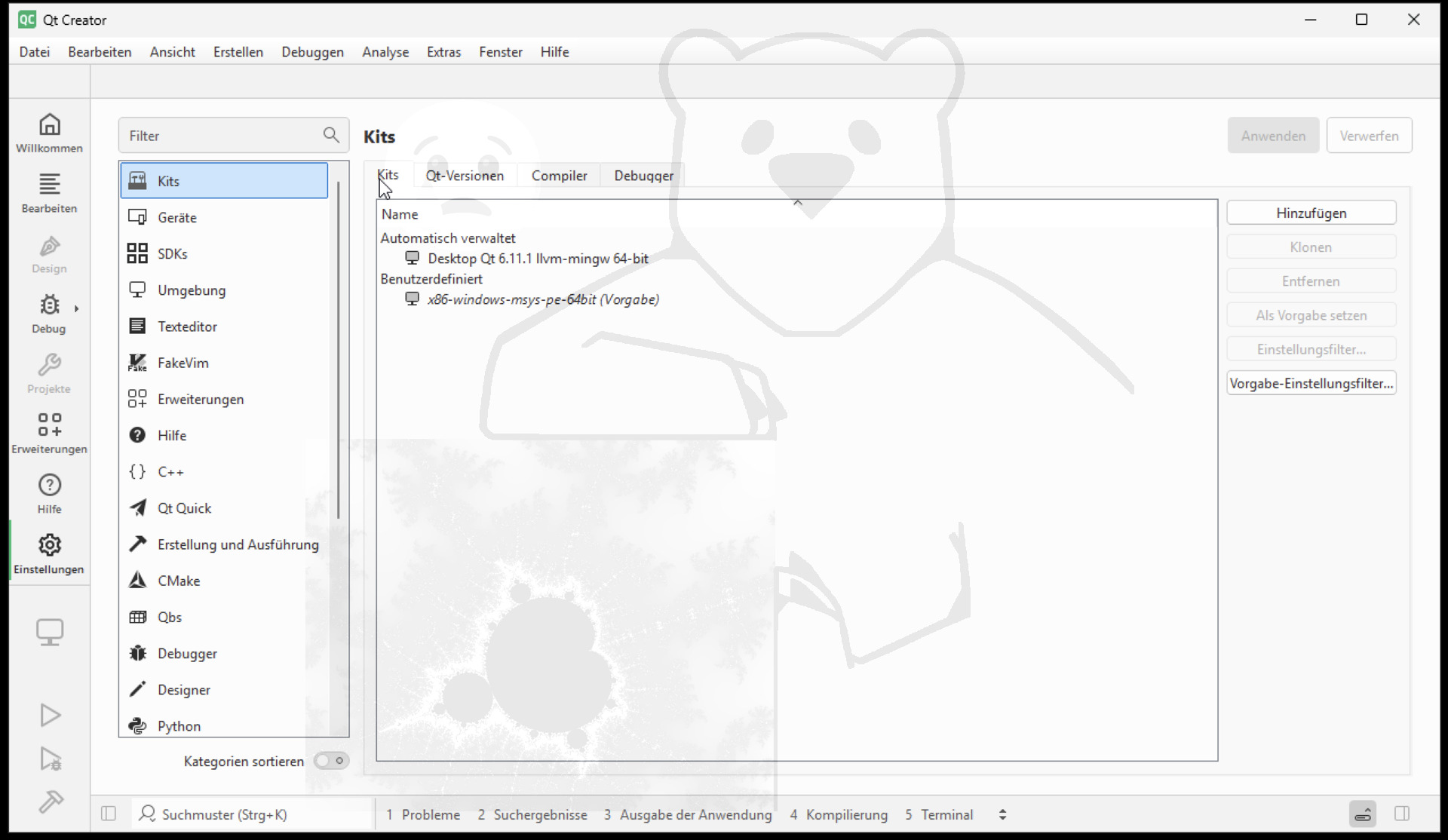 Unter "Kits" / "Kits" sollte die gerade installierte Qt Version eingetragen sein.